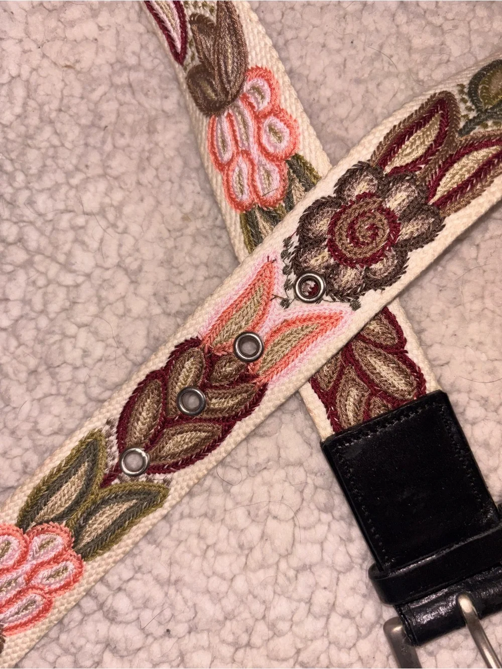 Embroidered Floral Canvas Belt Cream Boho Cottagecore Adjustable